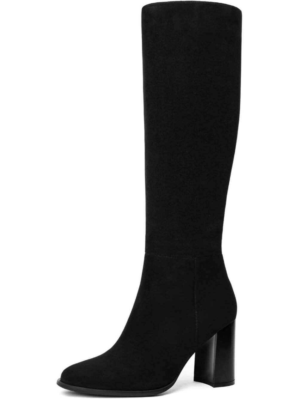 Women's Suede Black Knee High Boots Round Toe Chunky Heel Boots Gogo Boots